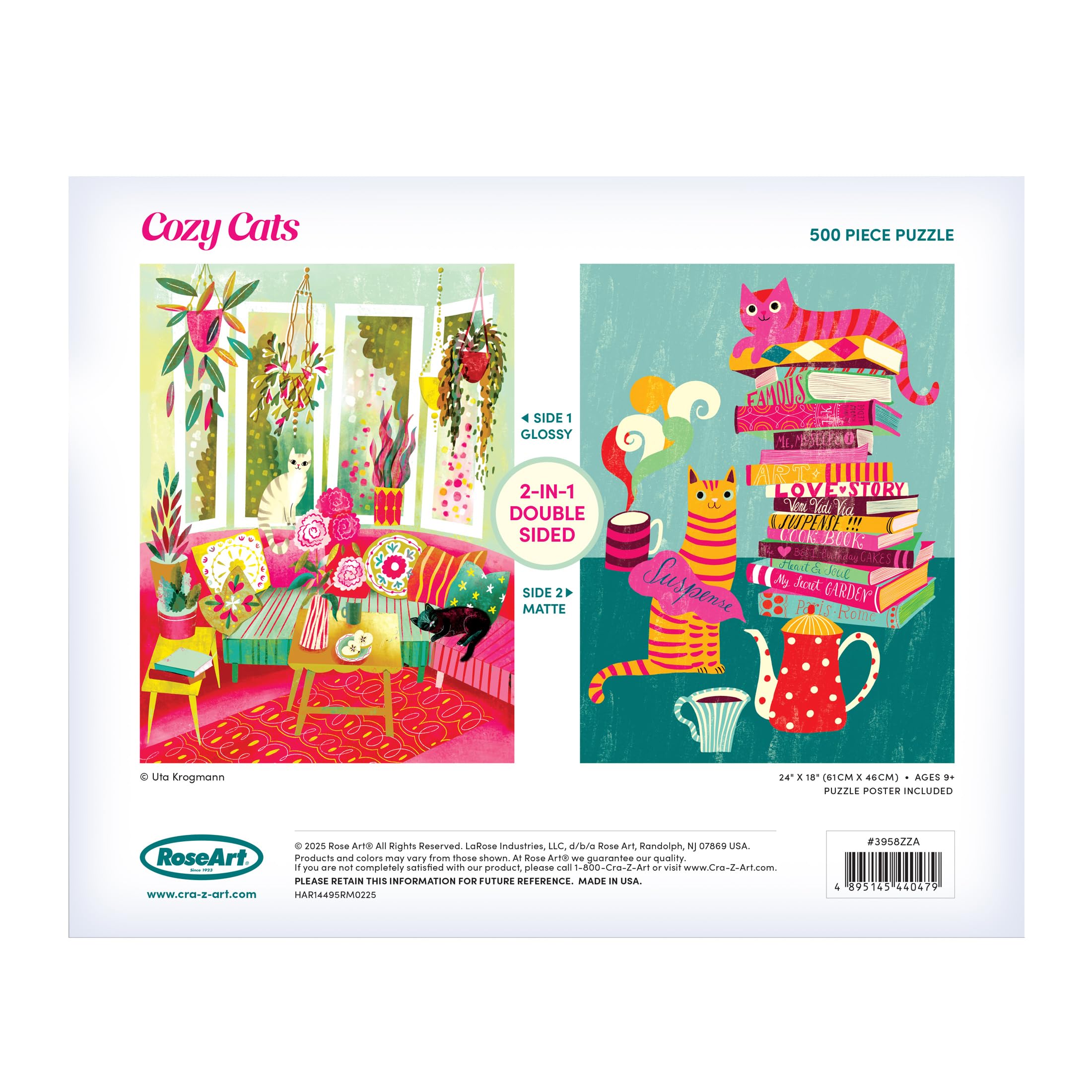 Amazon.com: RoseArt - Cozy Cats 500 Piece Double-Sided Jigsaw